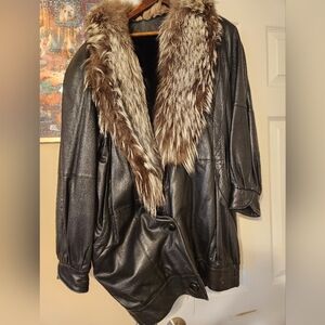 Women's Black Leather Coat with FOX Collar Large Excellent